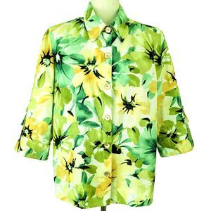 Jones New York Sport Womens LG Yellow Green Floral Linen Shirt Top